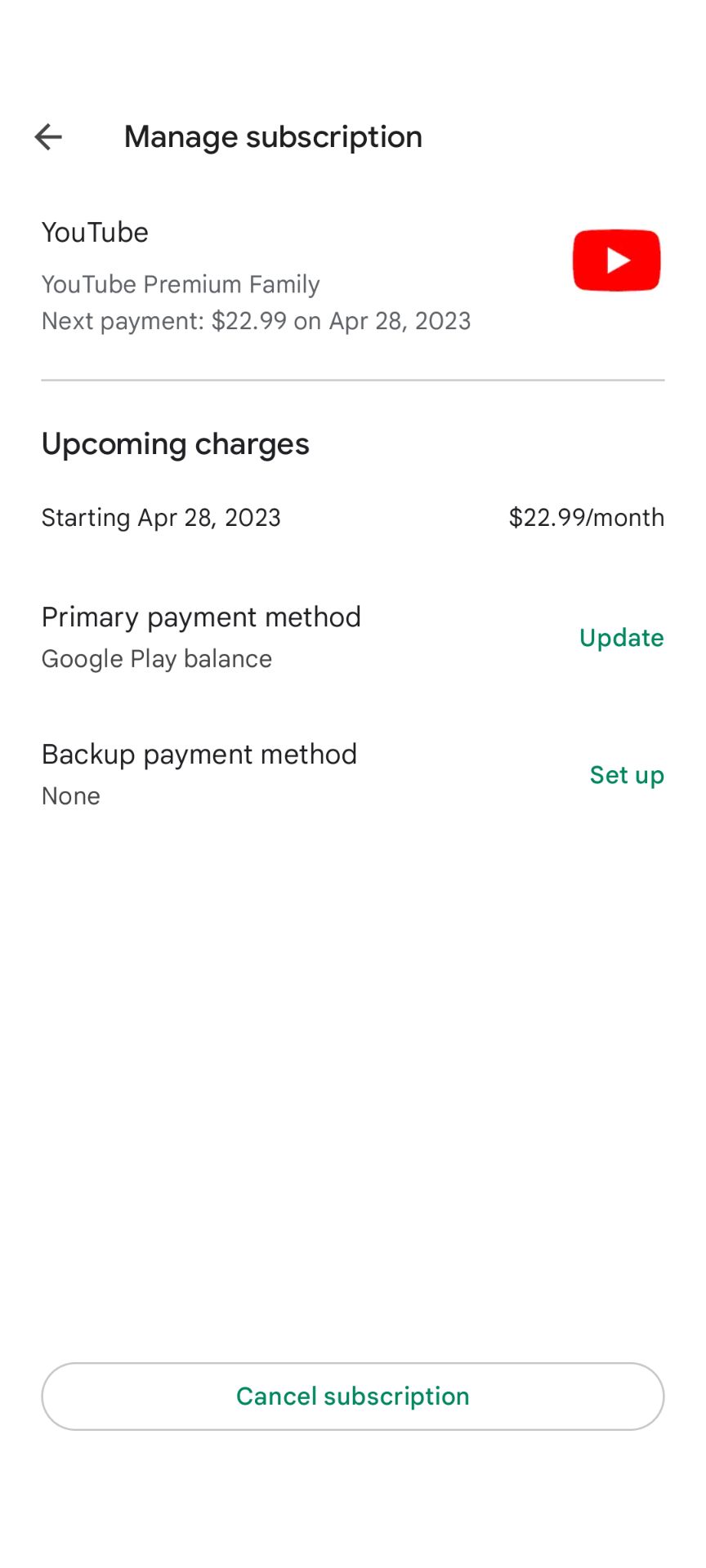 Managing a subscription in the Google Play Store on mobile.