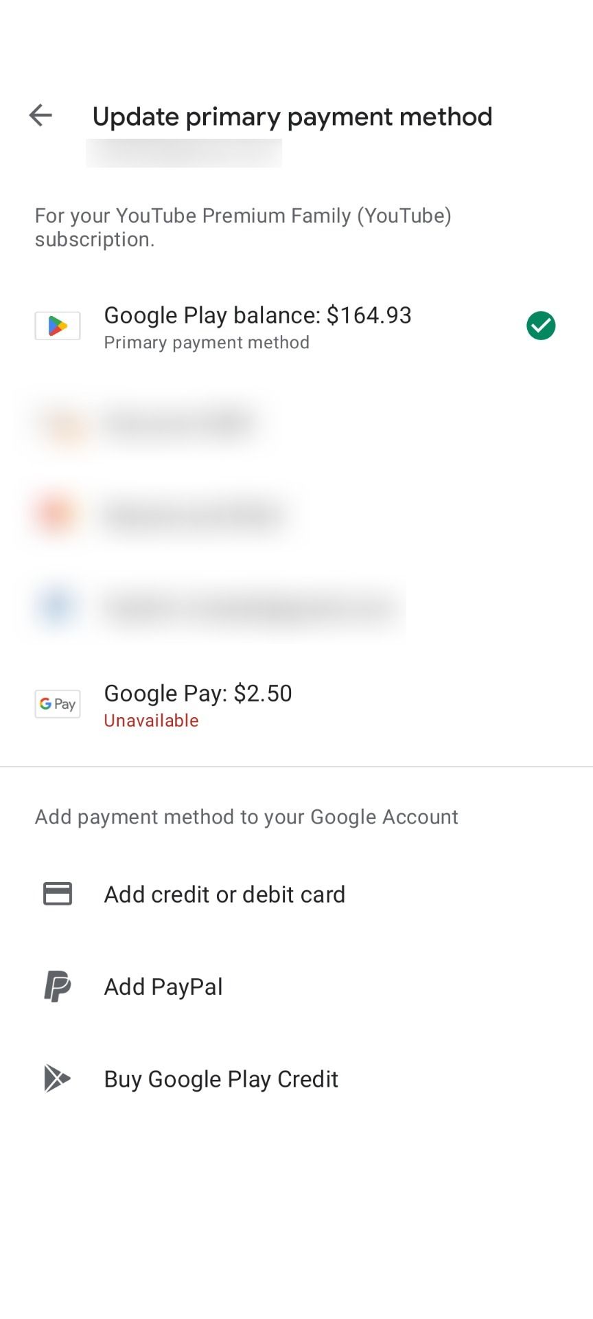 Updating the primary payment method for a subscription in the Google Play Store on mobile.