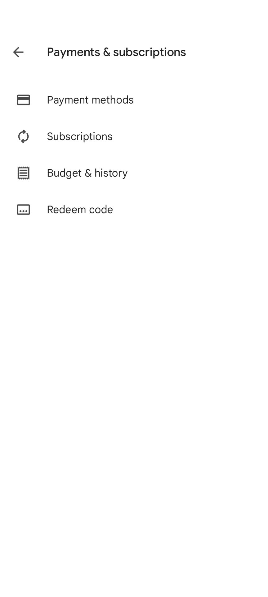 The Payments & subscriptions menu in the Google Play Store on mobile.
