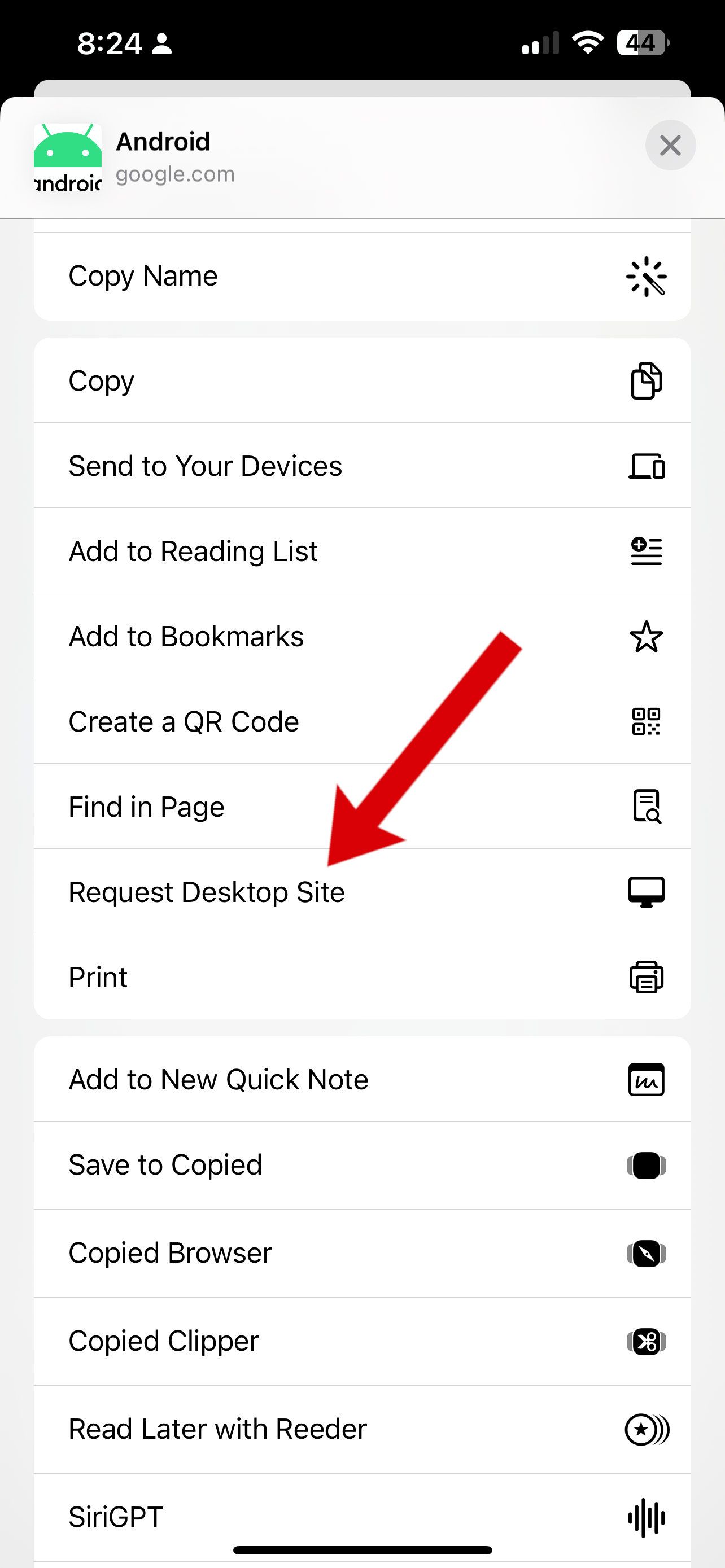 google chrome context menu on ios with arrow pointing to request desktop site option