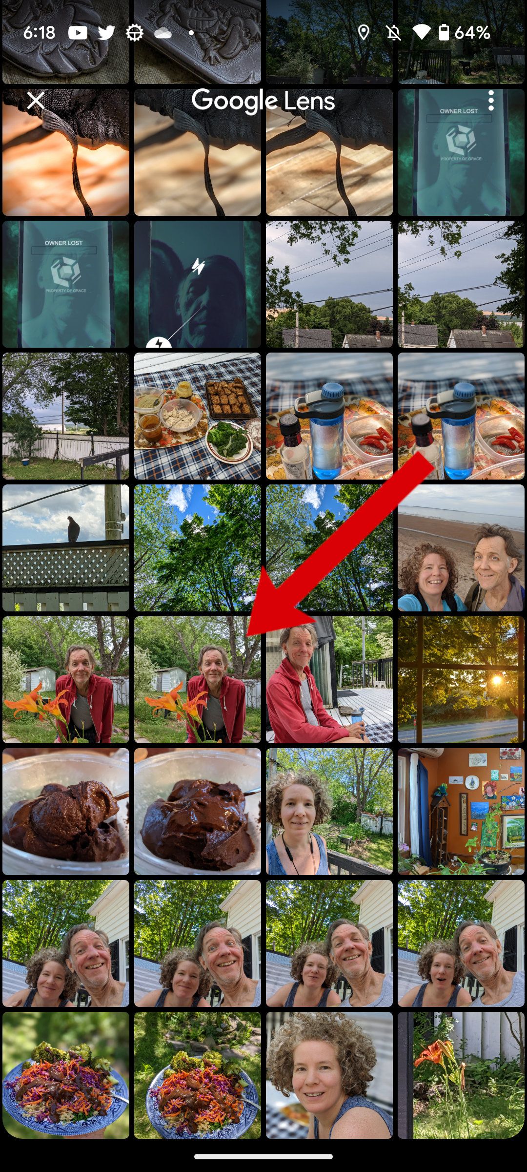 A screenshot of Google Lens camera roll display with an arrow pointing to a particular photo.