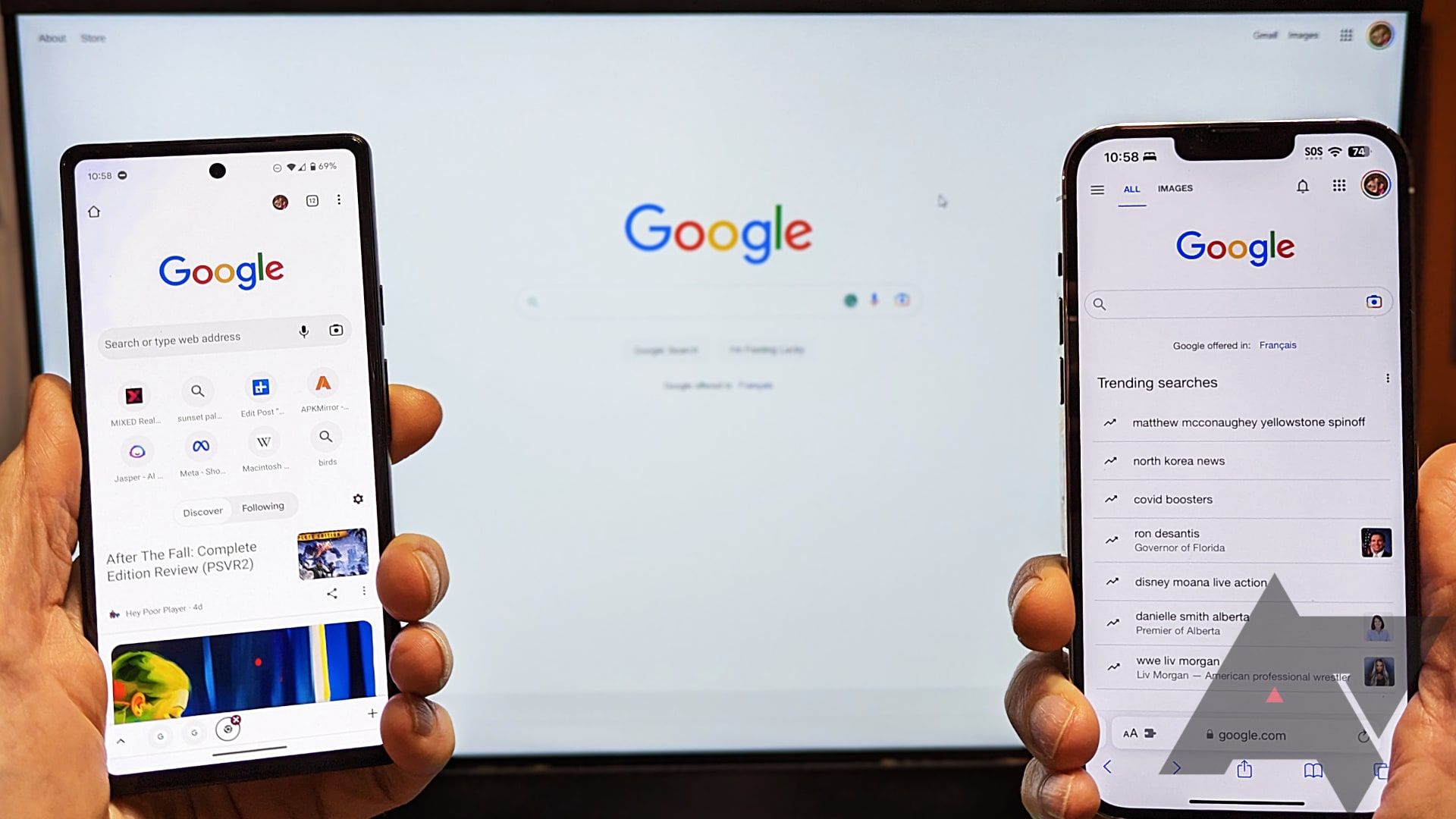 A Google Search page is open on an Android phone, iPhone, and Chrome browser.