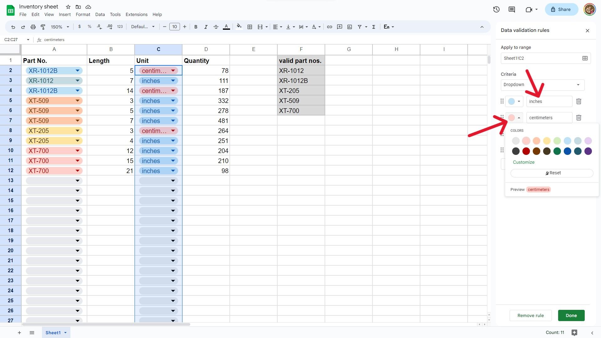 A screenshot of a Google Sheets document showing dropdown names and colors.