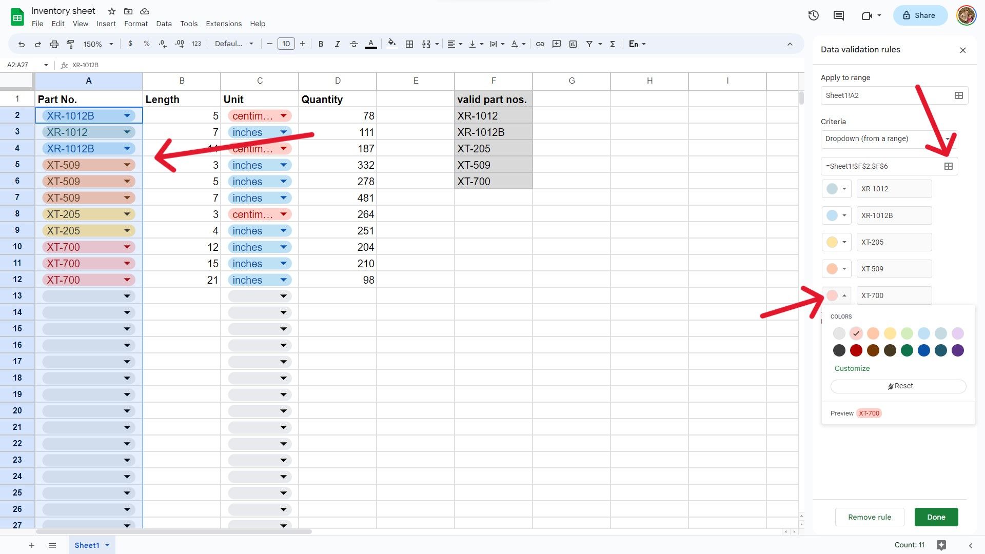 A screenshot of a Google Sheets document showing dropdowns from a data range.