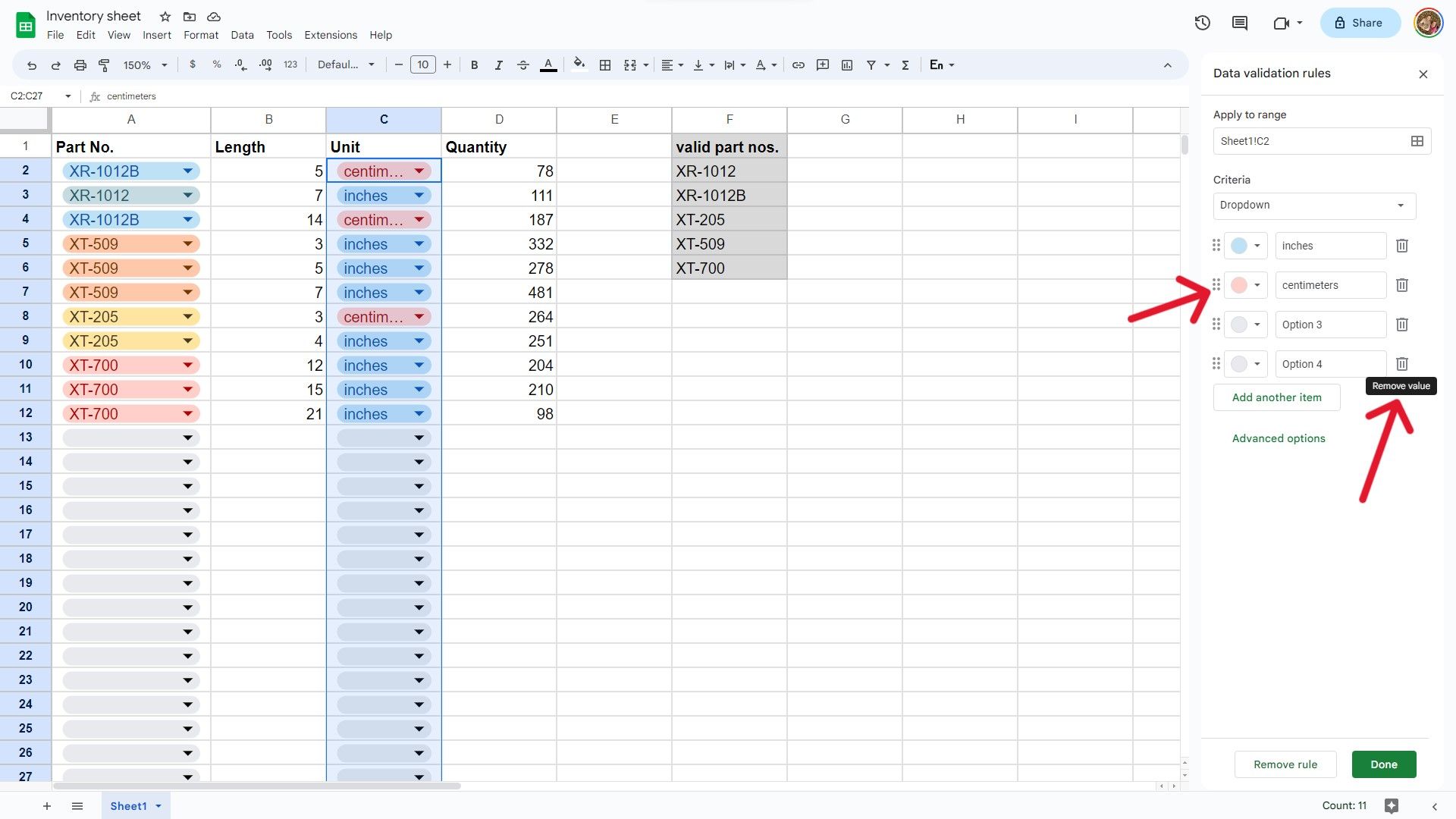 A screenshot of a Google Sheets document showing dropdown options rearrange and delete controls.