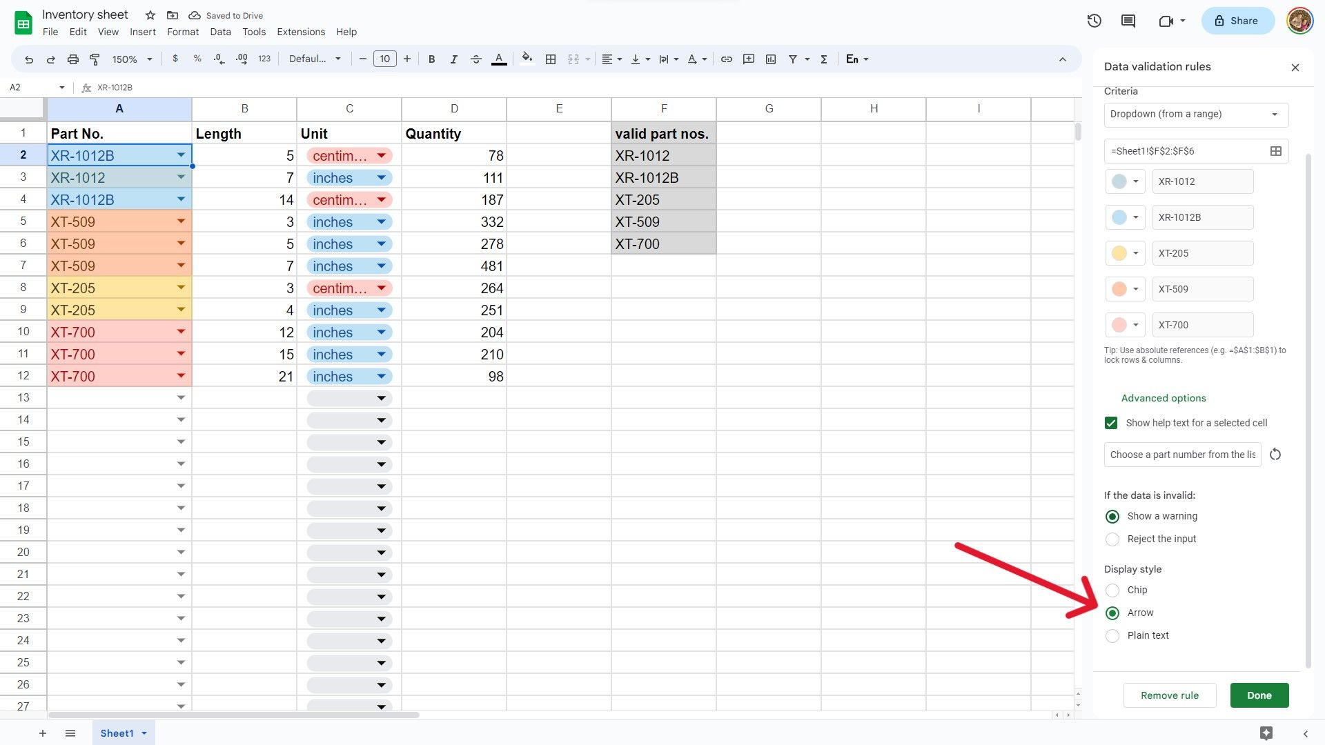 A screenshot of a Google Sheets document showing dropdowns style.