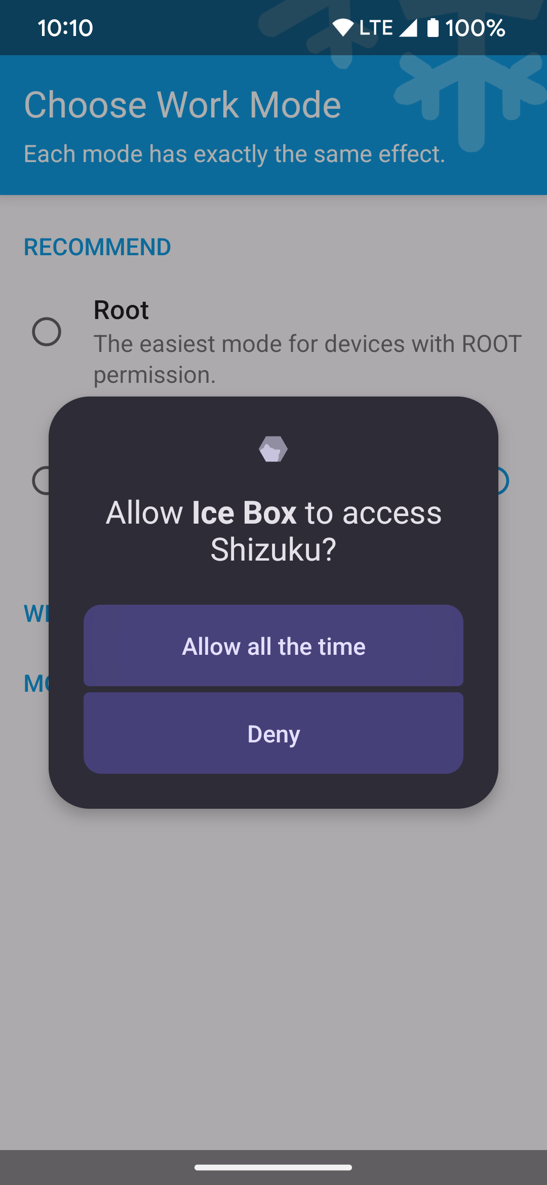 Granting the required Ice Box app permission for the Shizuku service