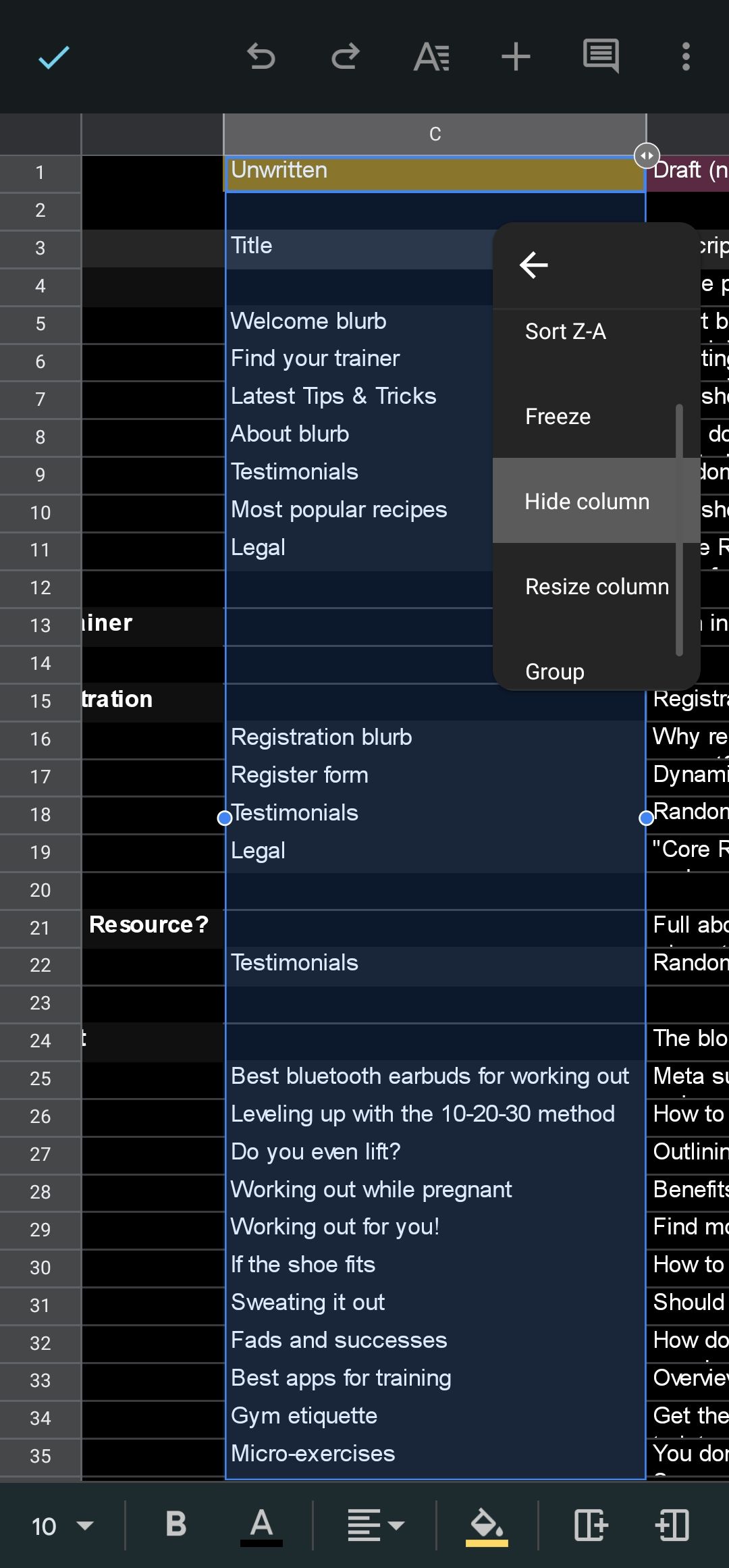 Hiding a column in Google Sheets