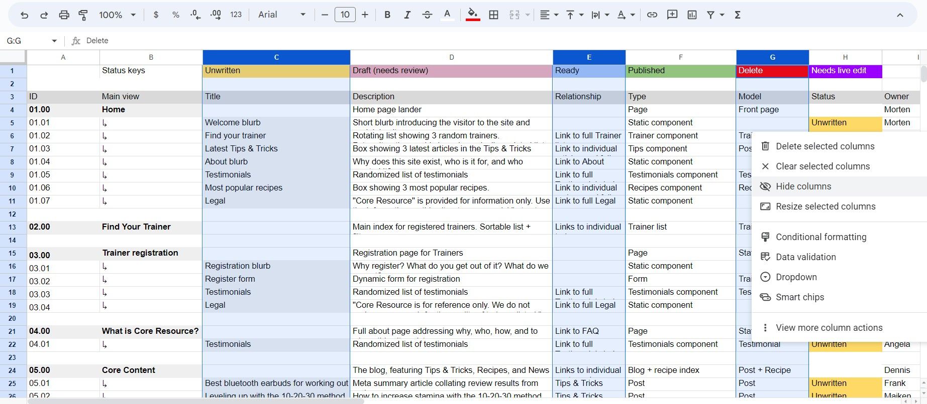 Hiding multiple columns in Google Sheets