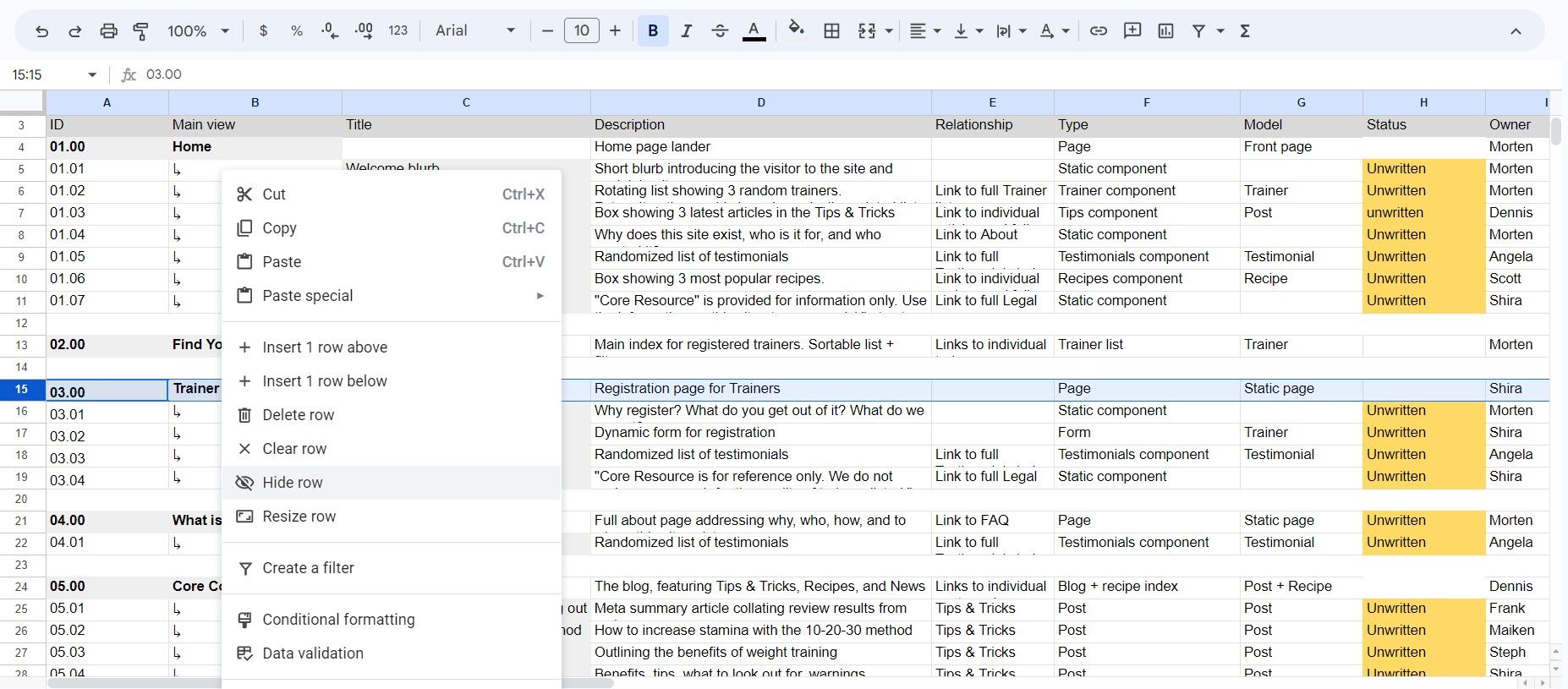 Hiding a row in Google Sheets