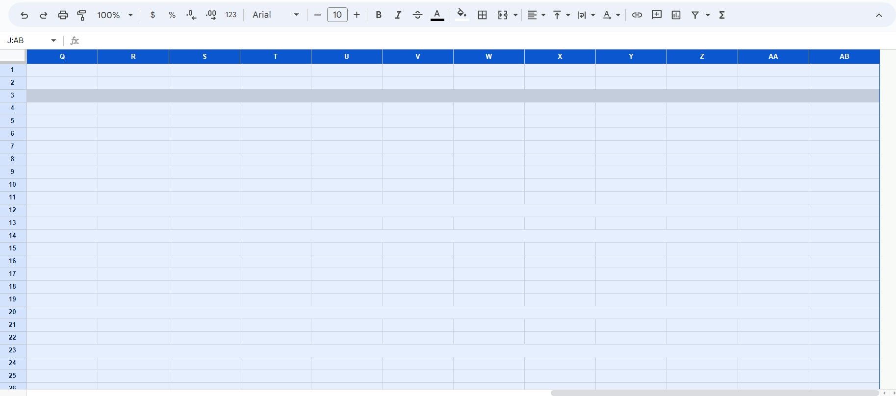 Highlighting all unused columns in Google Sheets