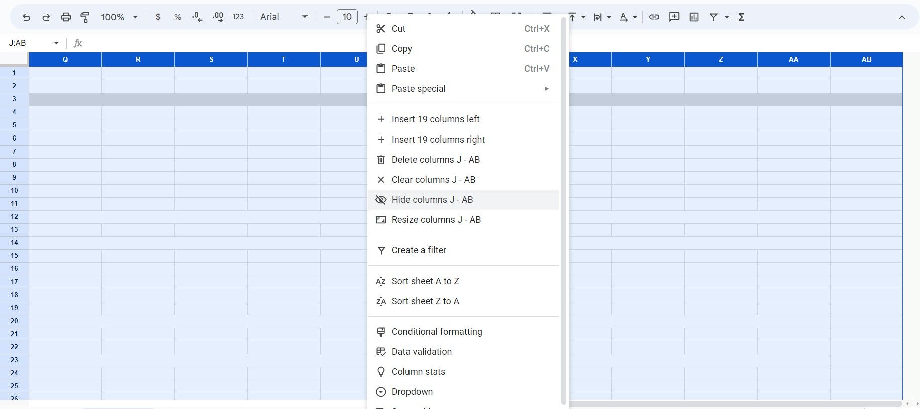 Hiding all unused columns in Google Sheets