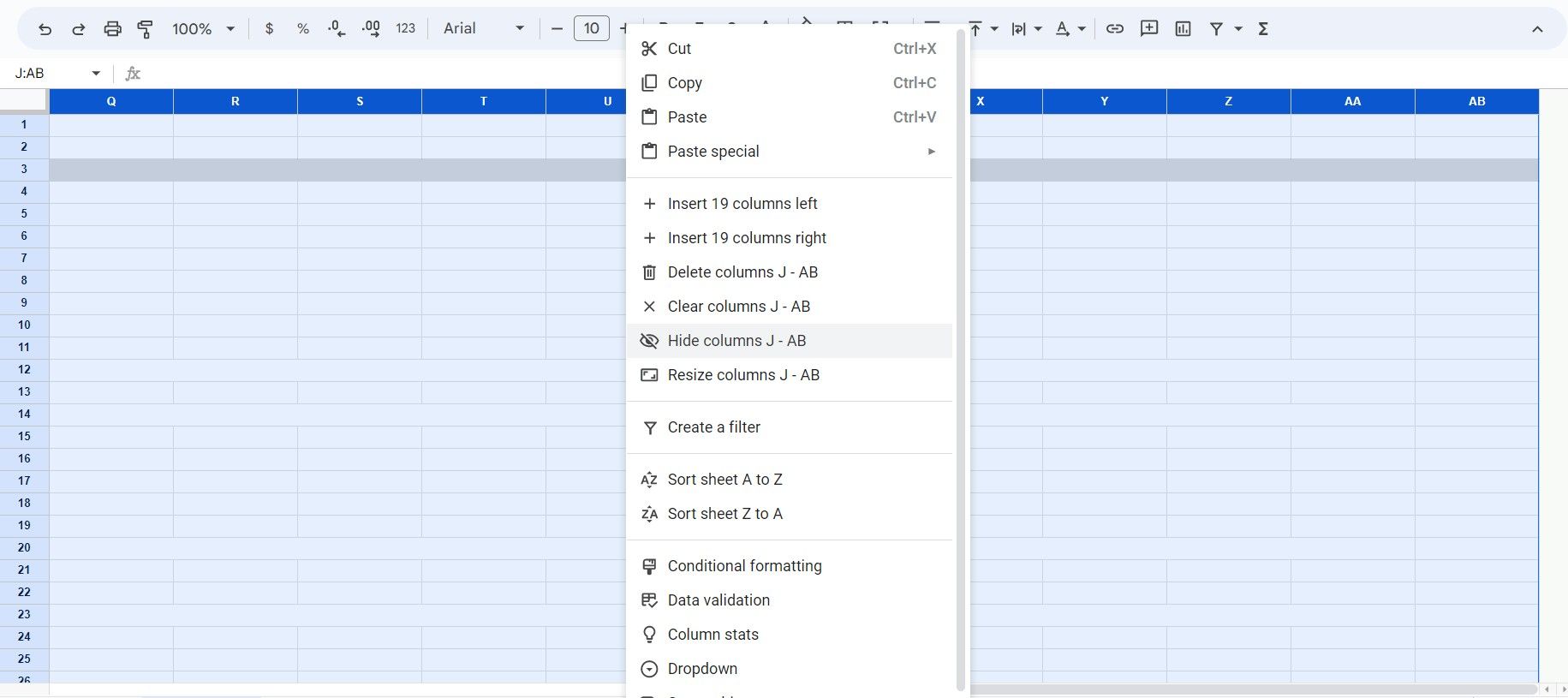 How to hide columns and rows in Google Sheets