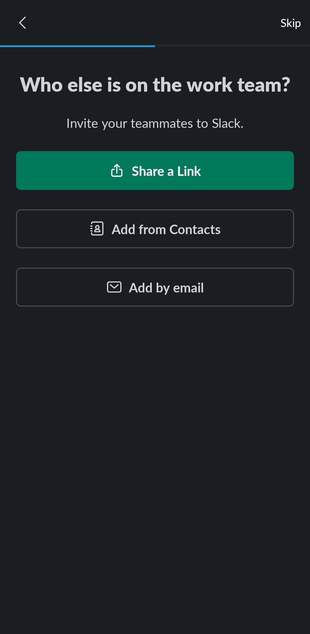Invite teammates menu on the Slack mobile app