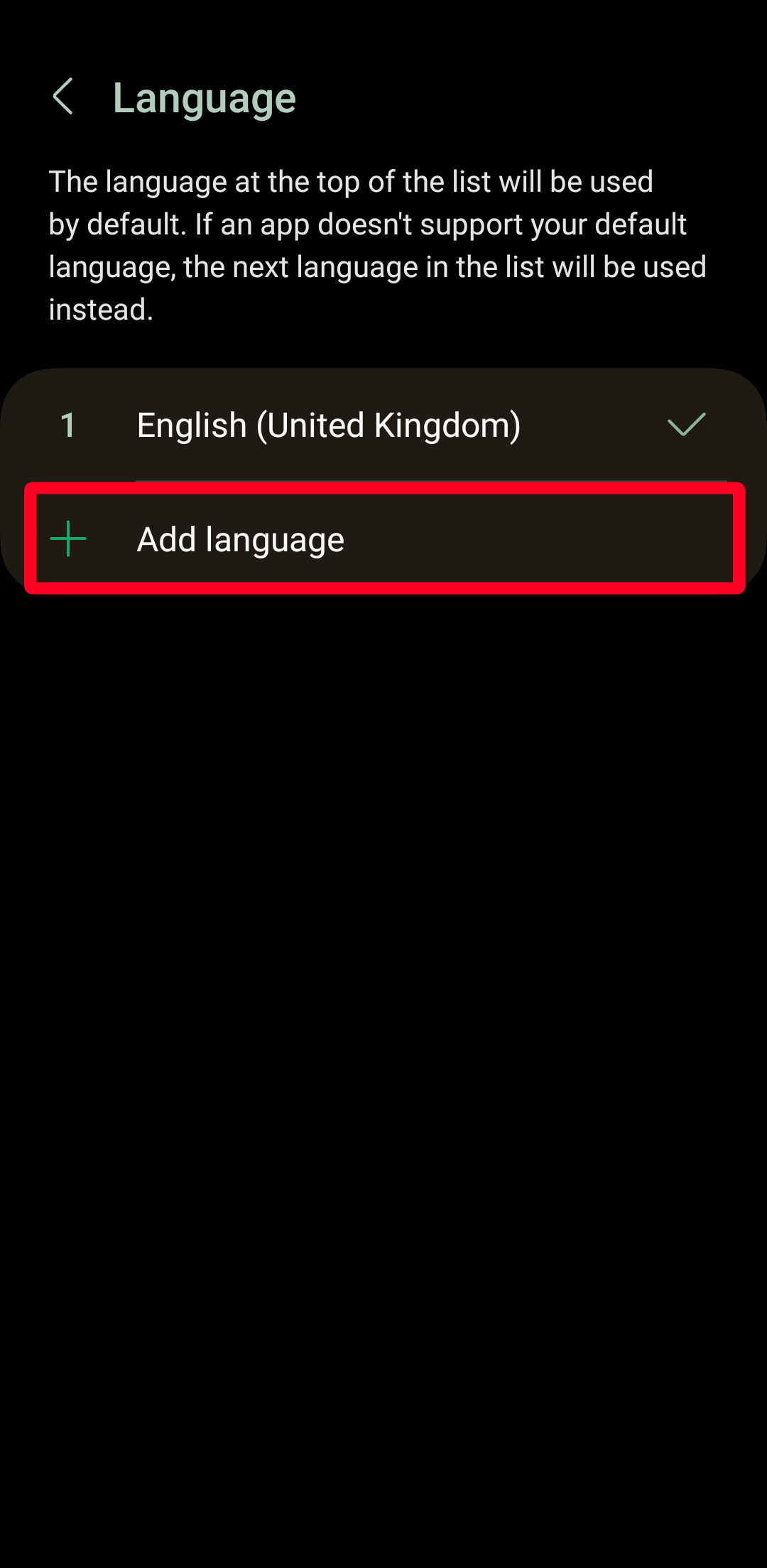 Language settings menu on Android