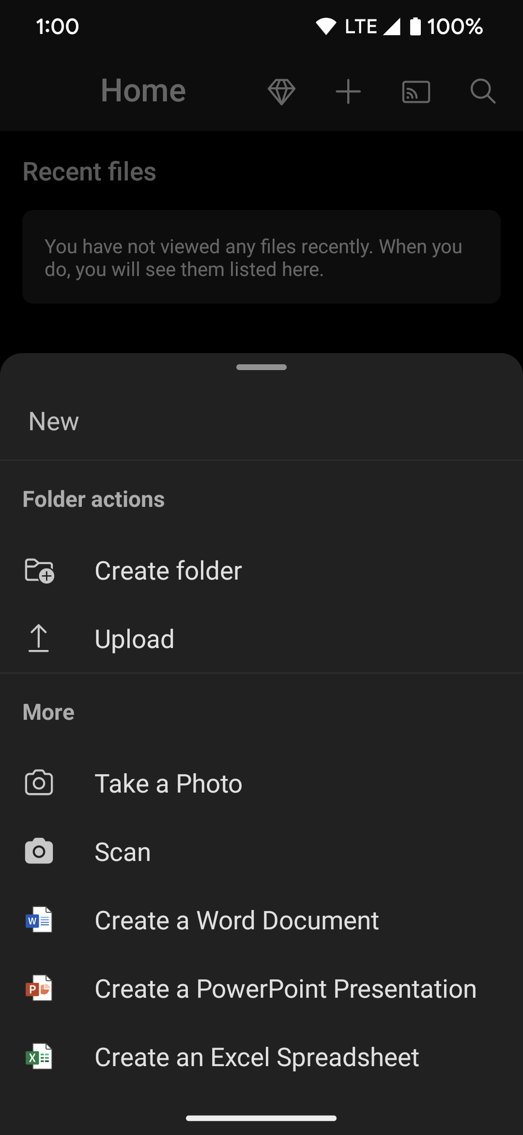 The upload options in the OneDrive app when uploading a new file