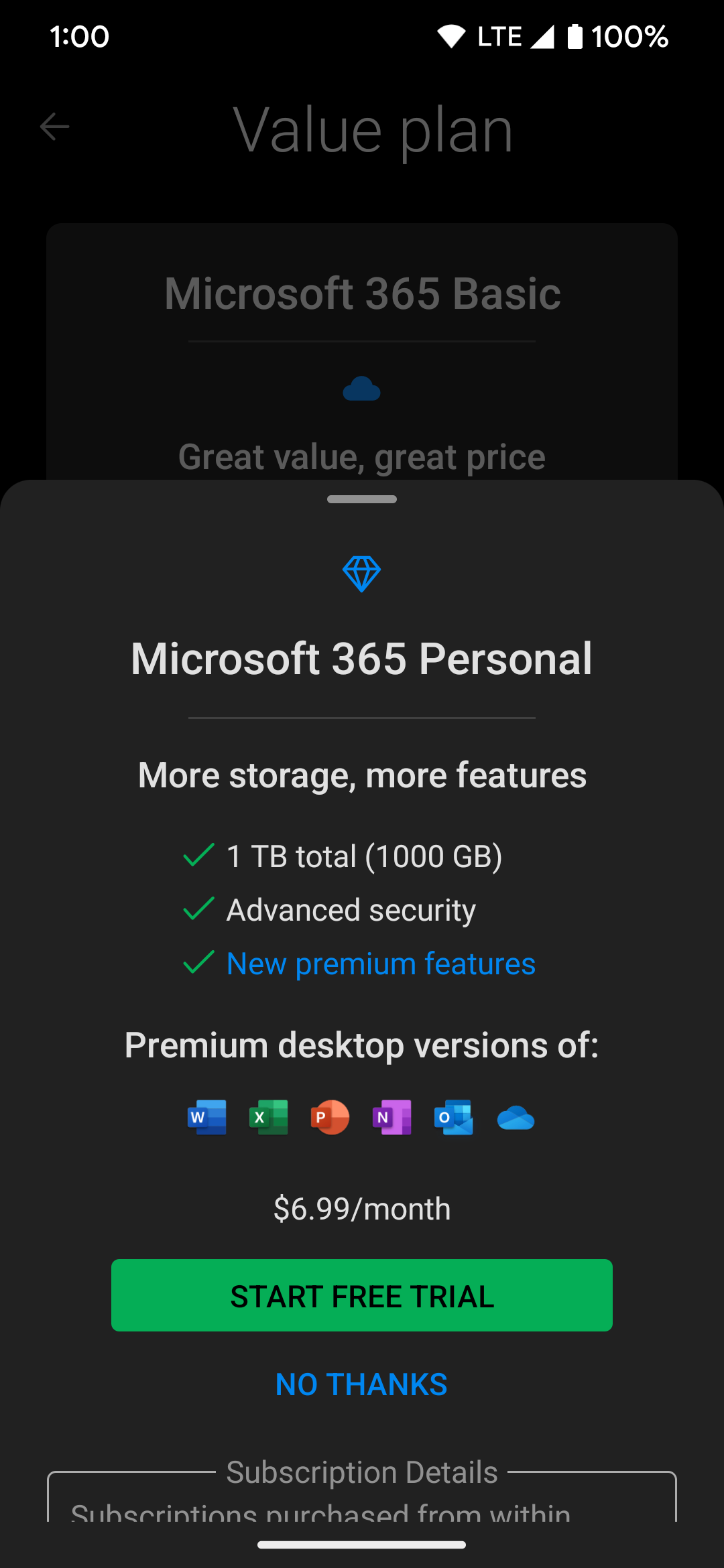 A free trial offer with more storage options in the OneDrive app
