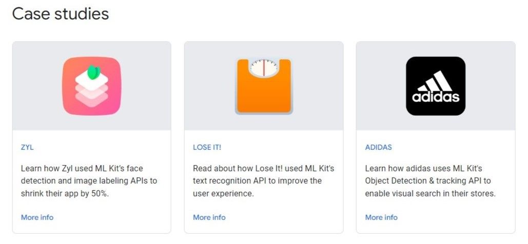 Case study examples on the Google ML Kit website