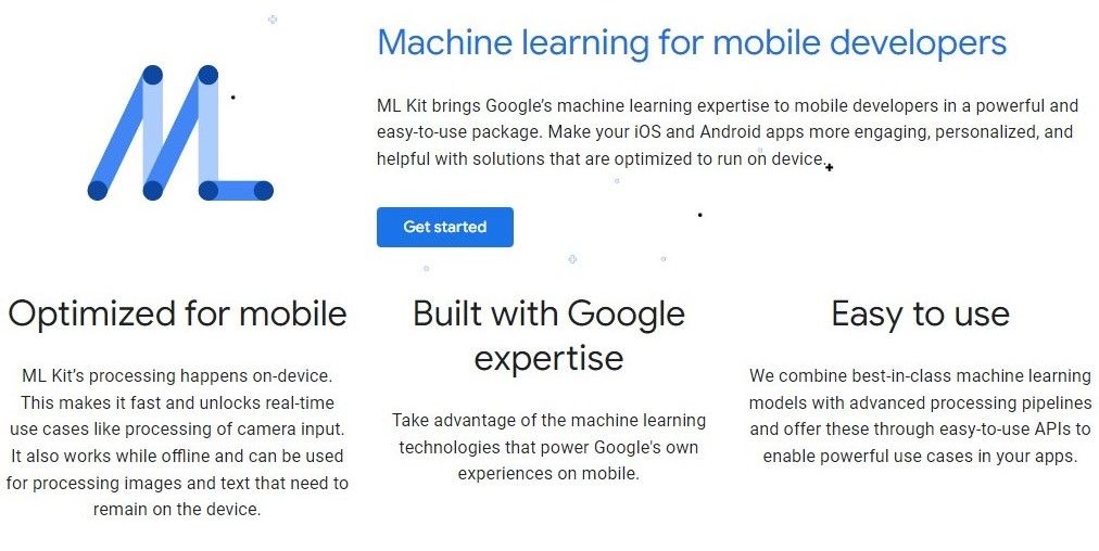 The main home page for the Google ML Kit website