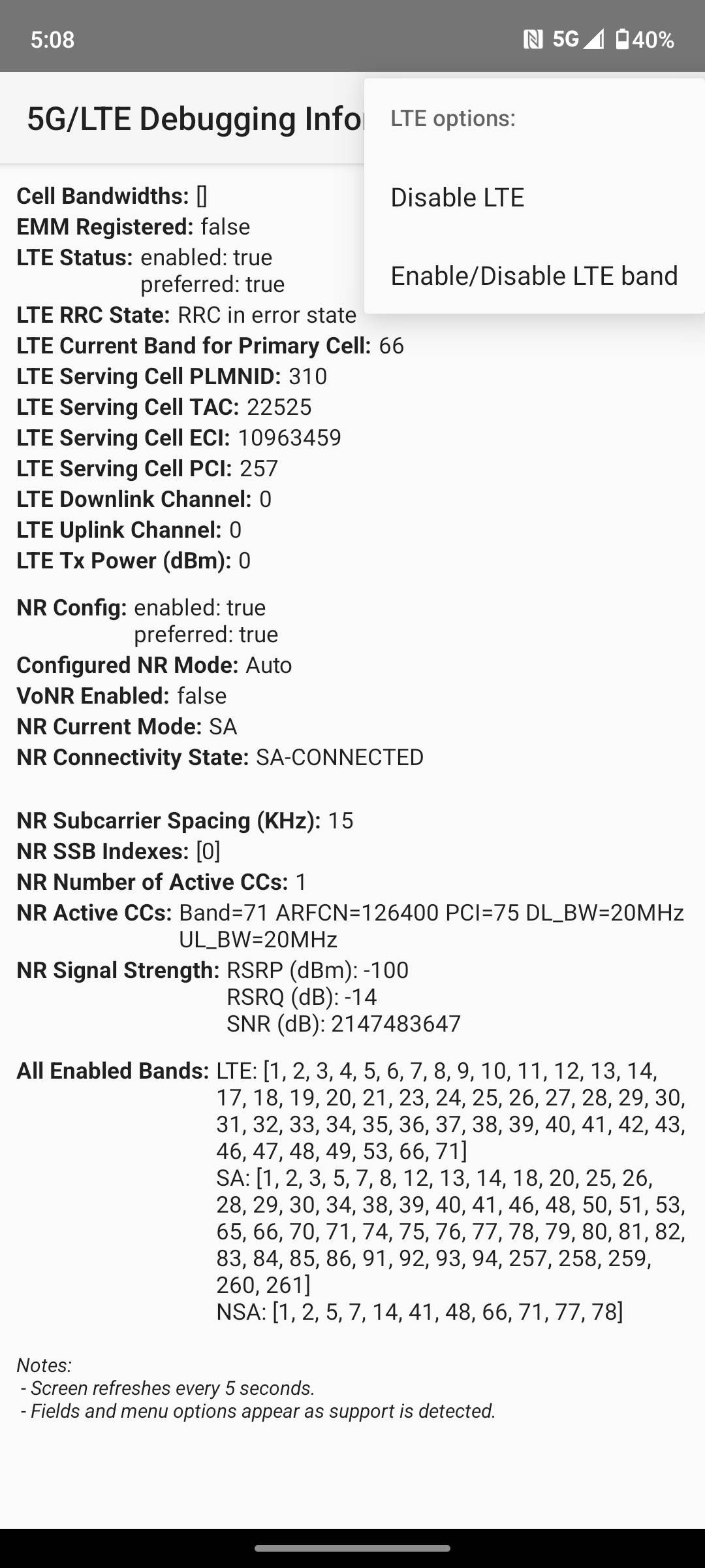 Motorola's debugging menu with options to disable LTE.