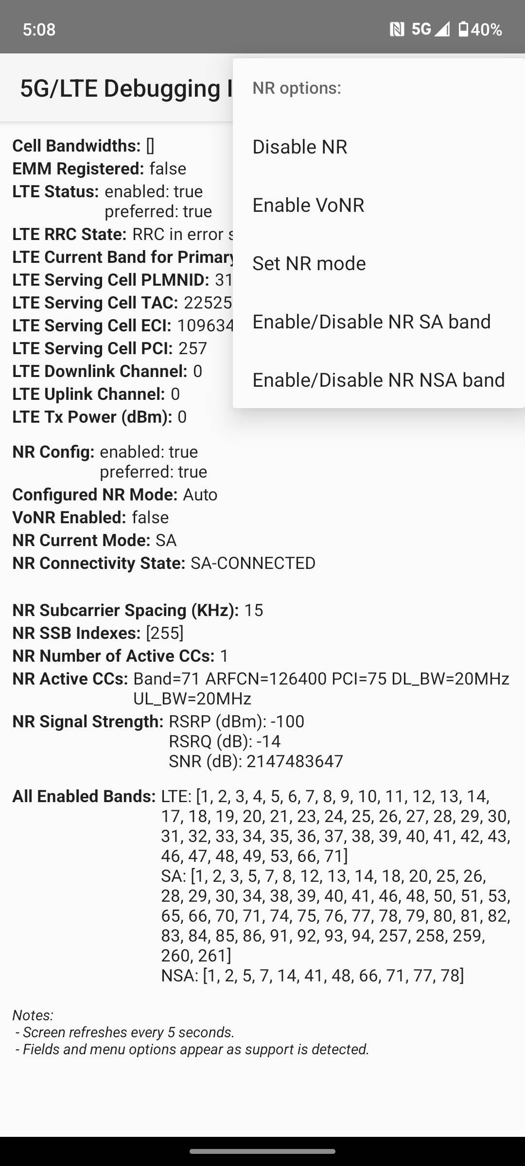 Motorola's phone debugging settings menu with options to disable NR 5G