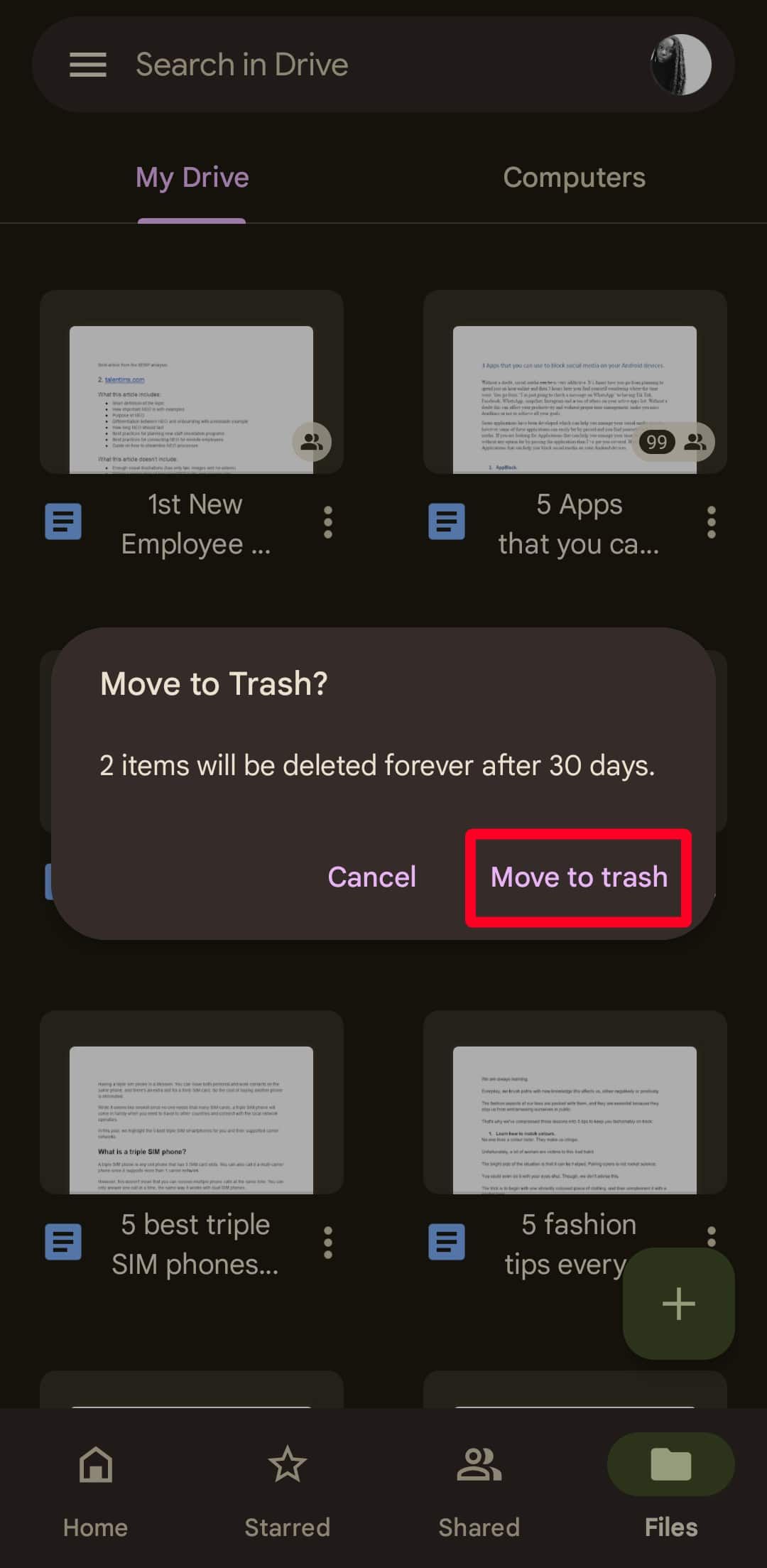 Mover para a lixeira pop-up de confirmação no aplicativo móvel do Google Drive