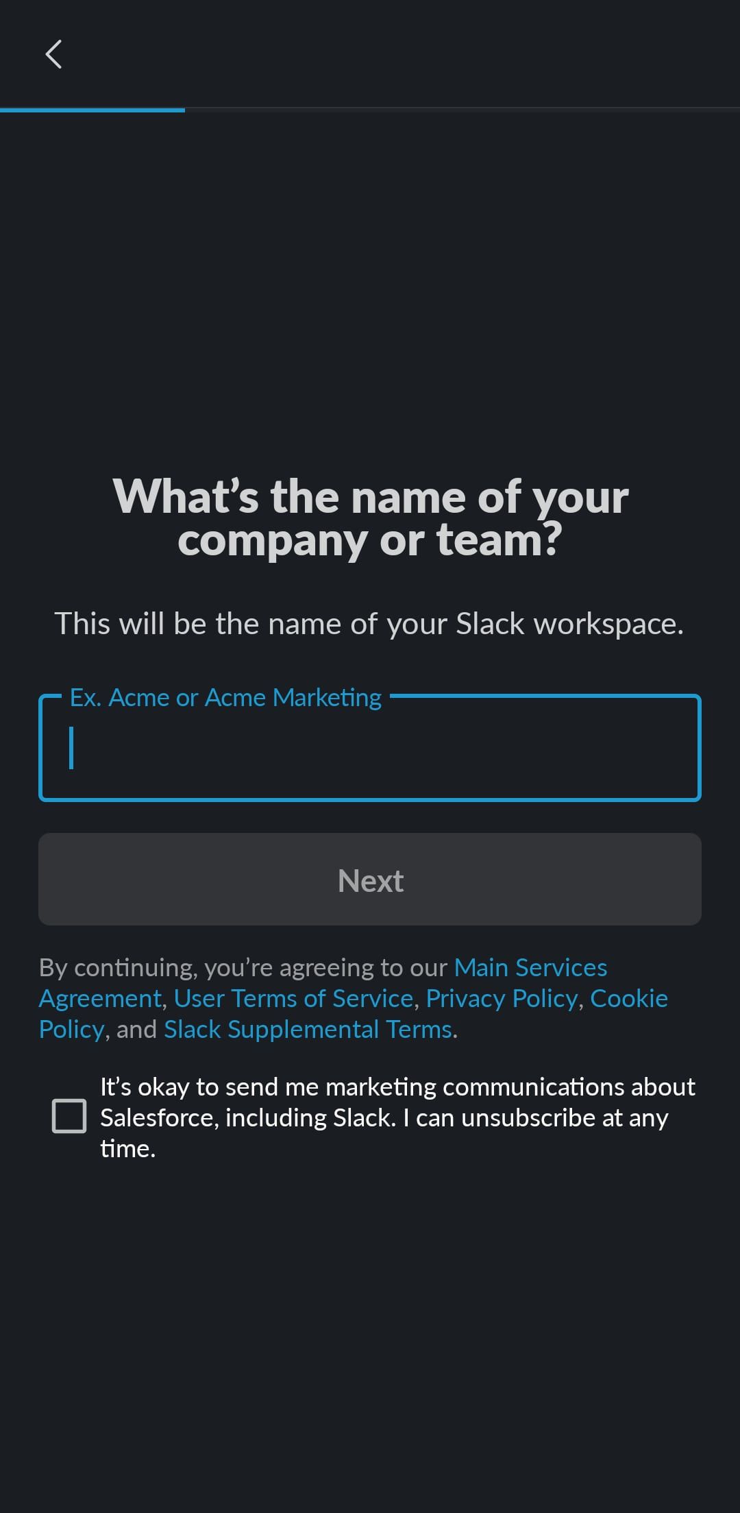 Naming a new Slack workspace on the mobile app