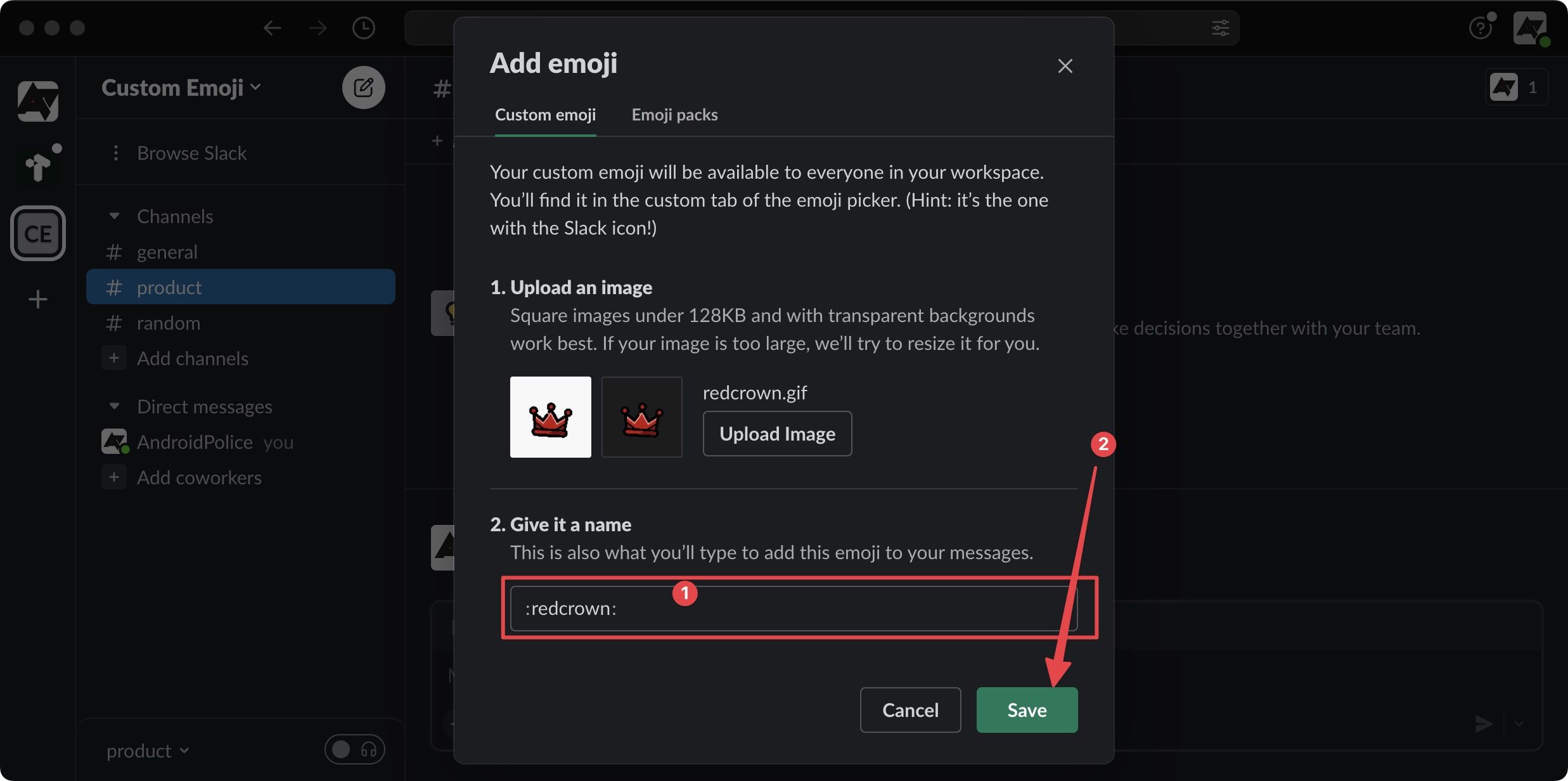 A pop-up window for adding an emoji, featuring information on custom emojis. An arrow points towards the text box filled with the name 'redcrown', indicating the name for the new custom emoji.