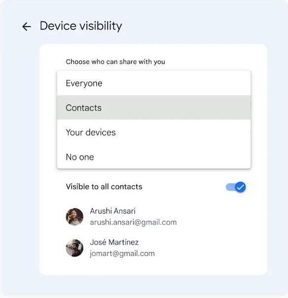 A close up of the Device visibility settings for Nearby Share Beta for Windows