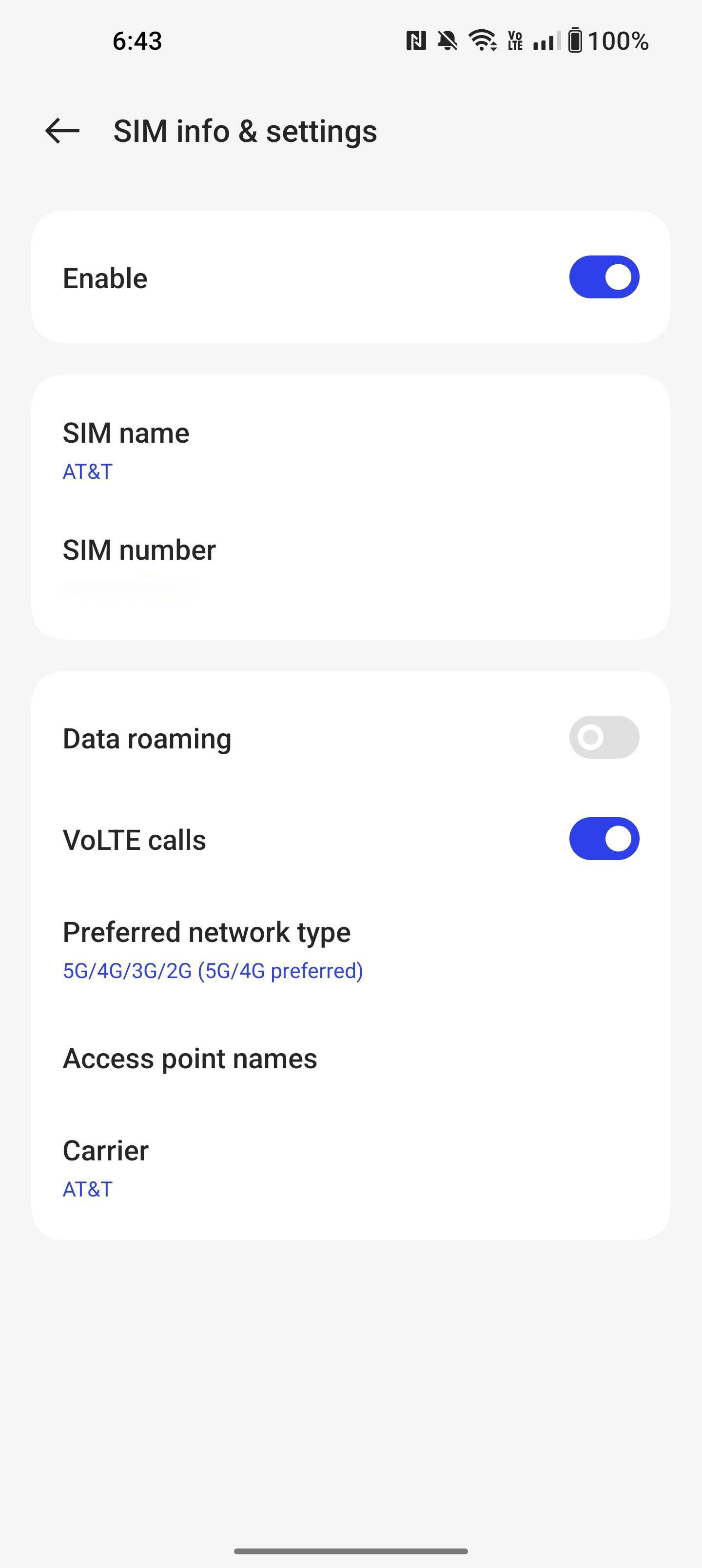 The SIM settings menu on OxygenOS 13