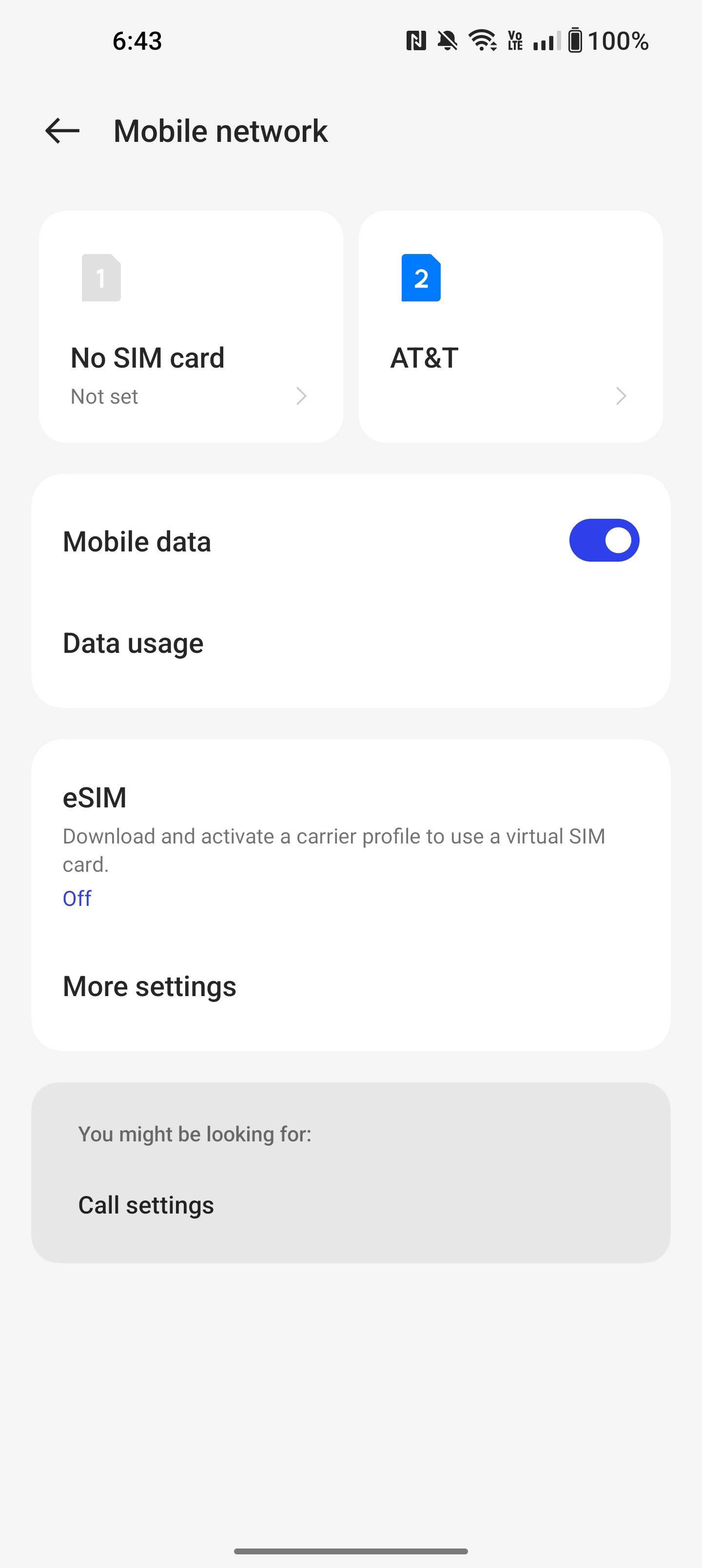 OnePlus mobile network settings menu.