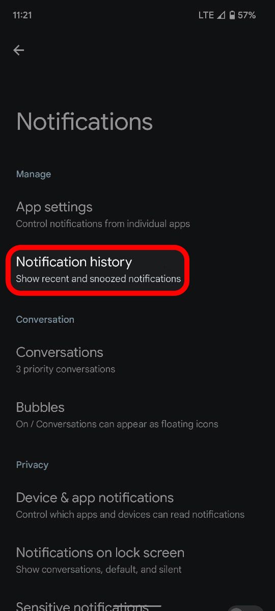Android Notifications menu highlighting the Notification history option