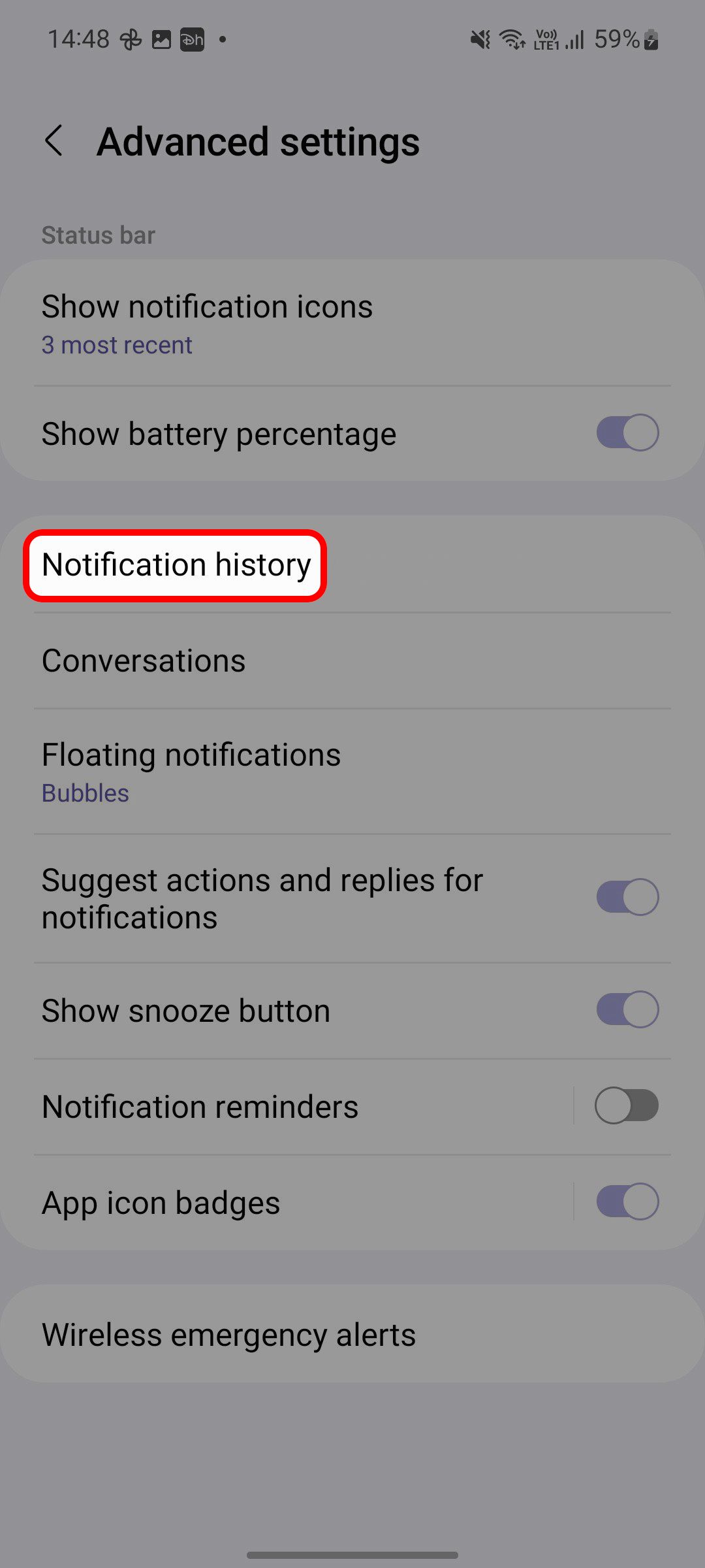 Samsung One UI Notifications Advanced settings menu highlighting the Notification history option