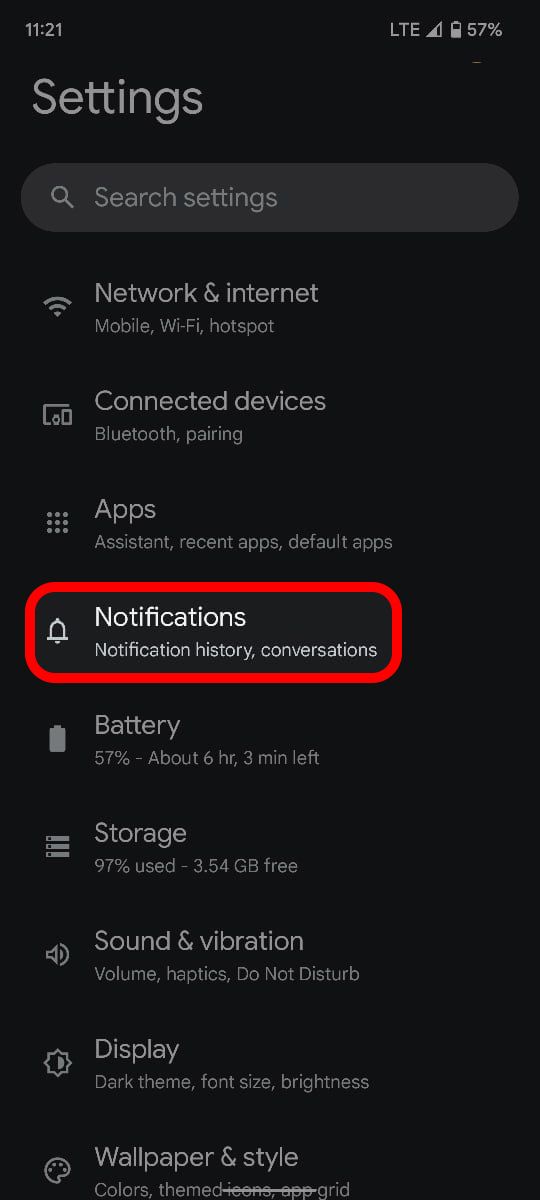 Menu de configurações do Android destacando a opção Notificações