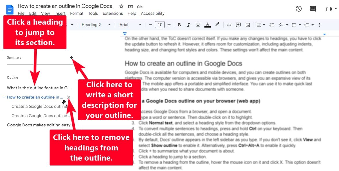 Outline sidebar in Google Docs on Chrome