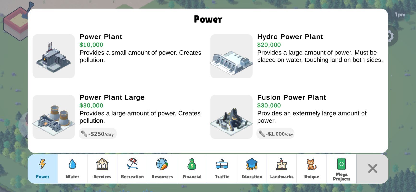 Pocket City 2 power menu