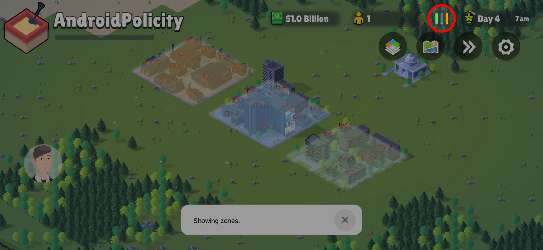 Interface de usuário do Pocket City 2 destacando o gráfico de demanda da zona