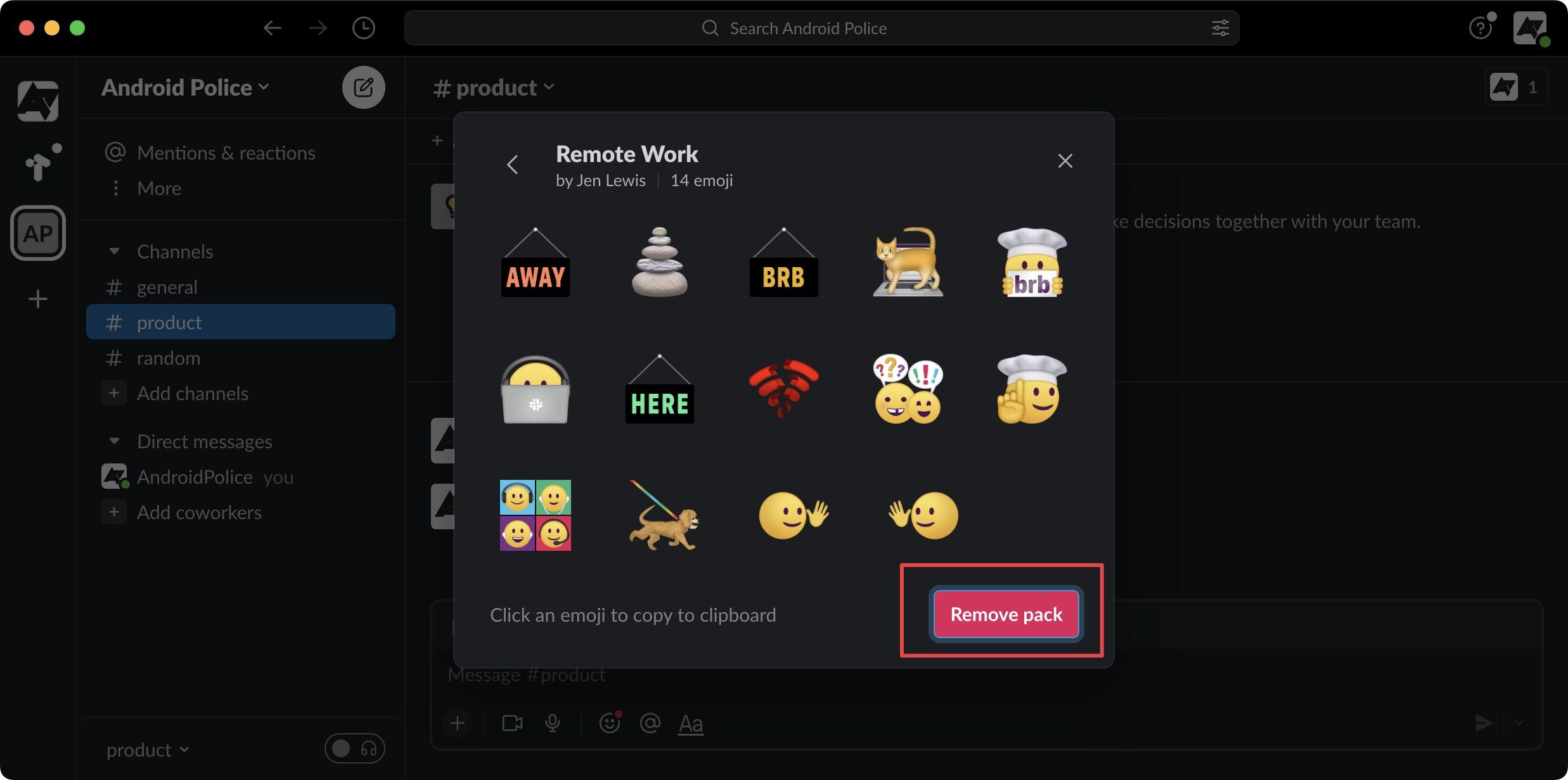  pop-up window displaying custom emojis, with the 'Remove Pack' option prominently highlighted in red.