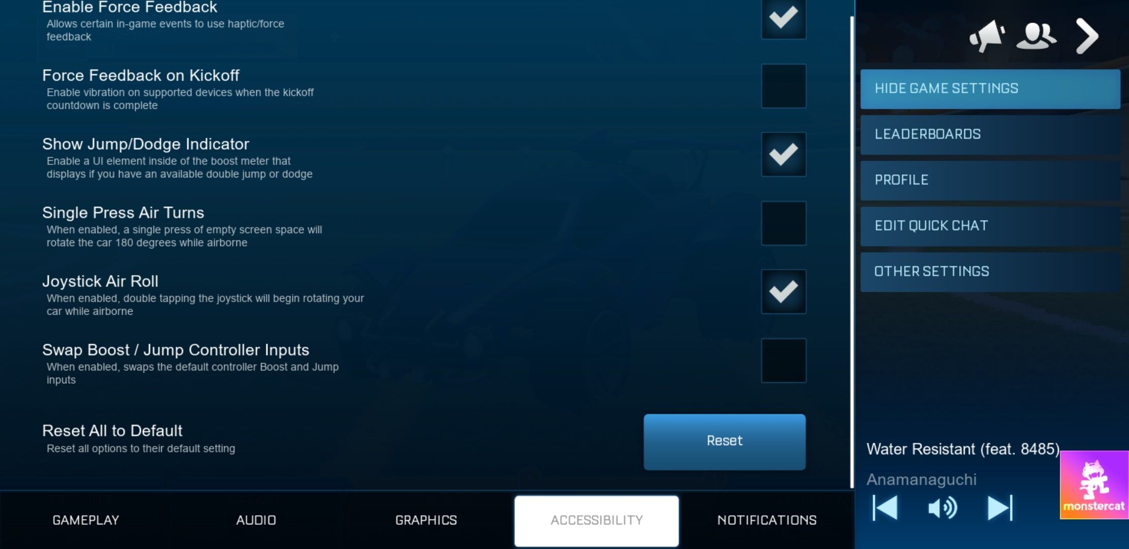 Screenshot that shows Rocket League Sideswipe accessibility settings