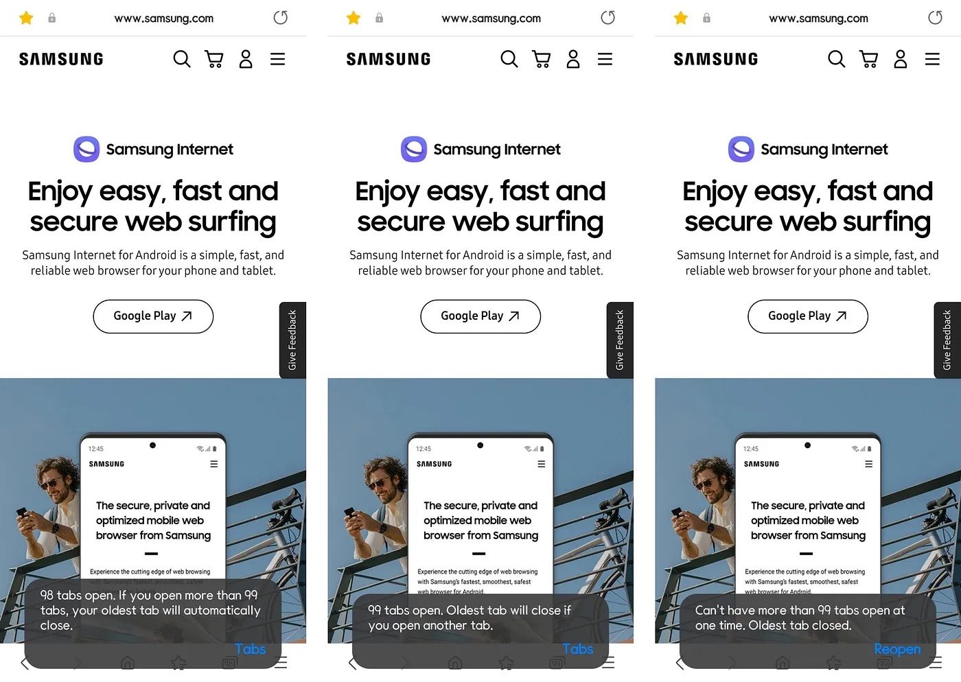 Avertissement Samsung Internet Open Tabs