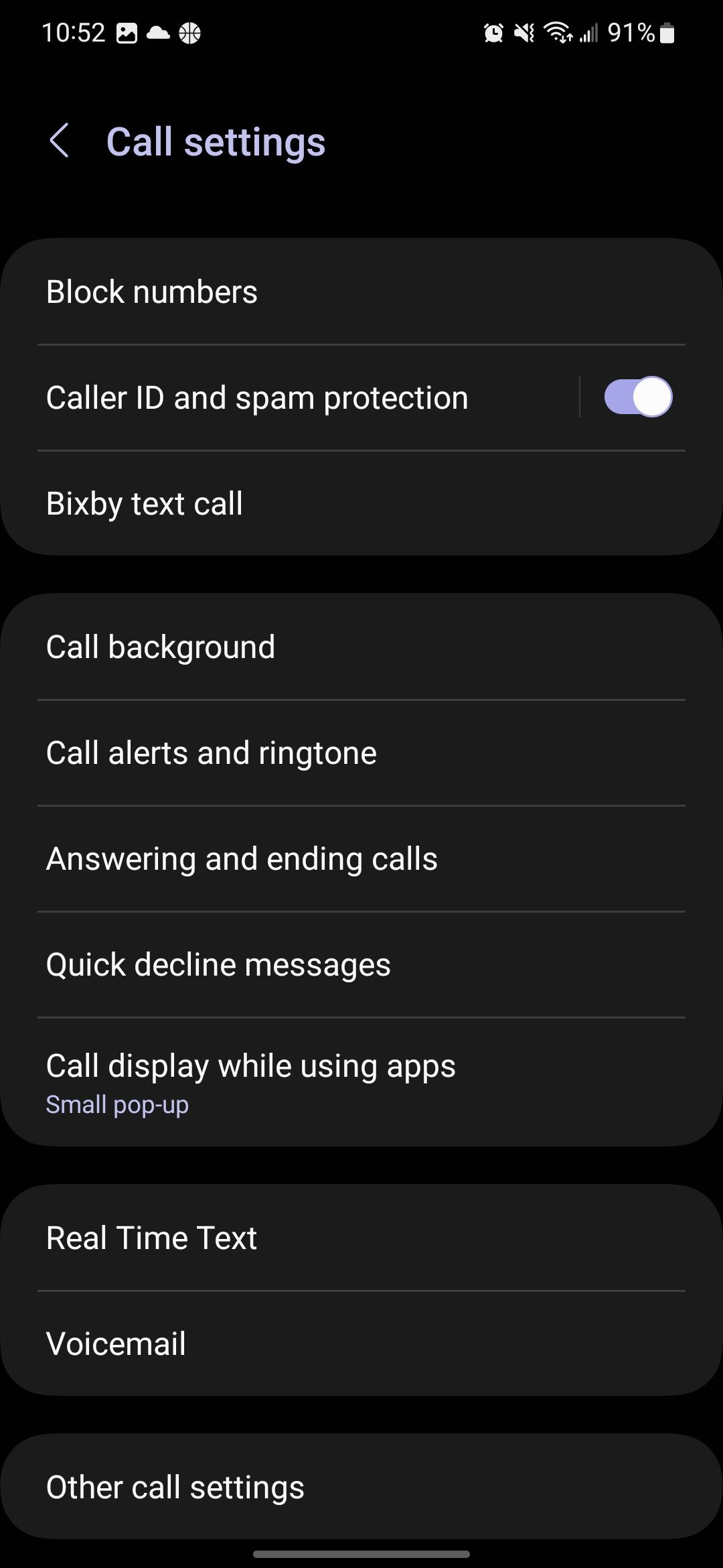 A seção Configurações de chamada no aplicativo Samsung Phone
