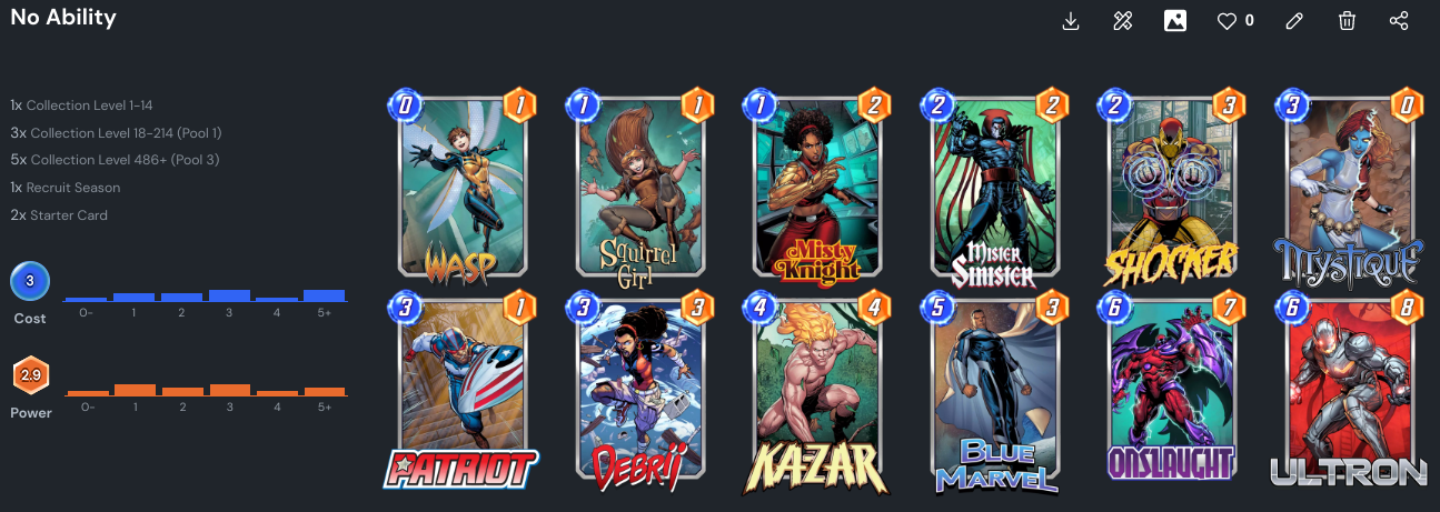 screenshot of twelve marvel snap playing cards organized in two rows