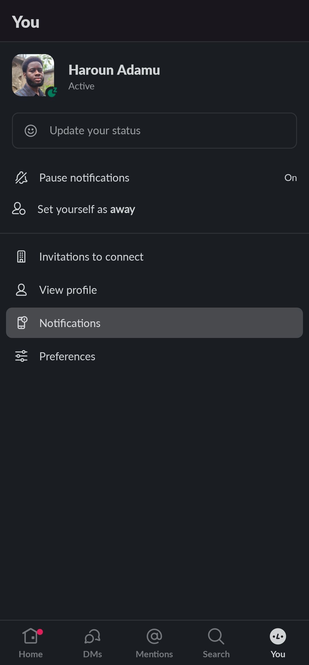Configurações de notificação móvel do Slack