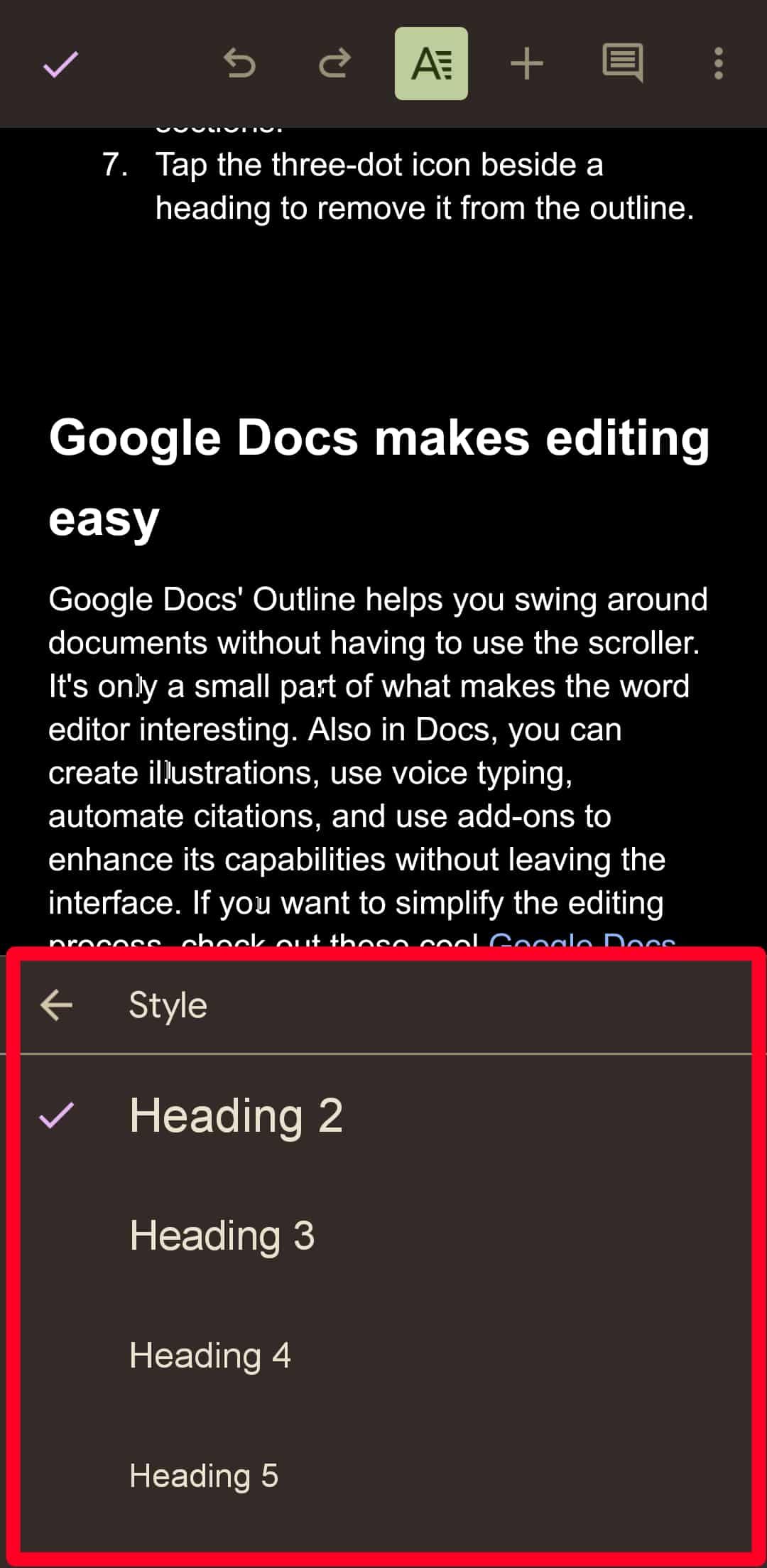 Selecting a heading style in the Google Docs mobile app