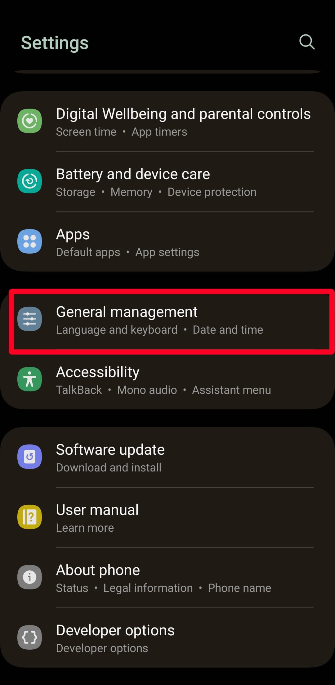 Selecting General Management option in Android settings menu