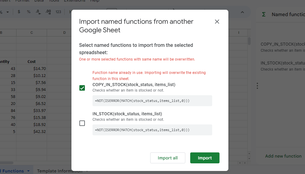 Selecionando funções nomeadas para importar no Planilhas Google
