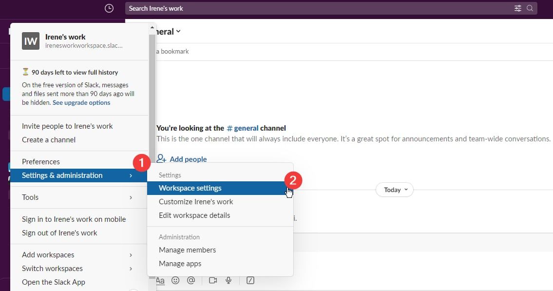 Selecting the Settings and administration option on Slack