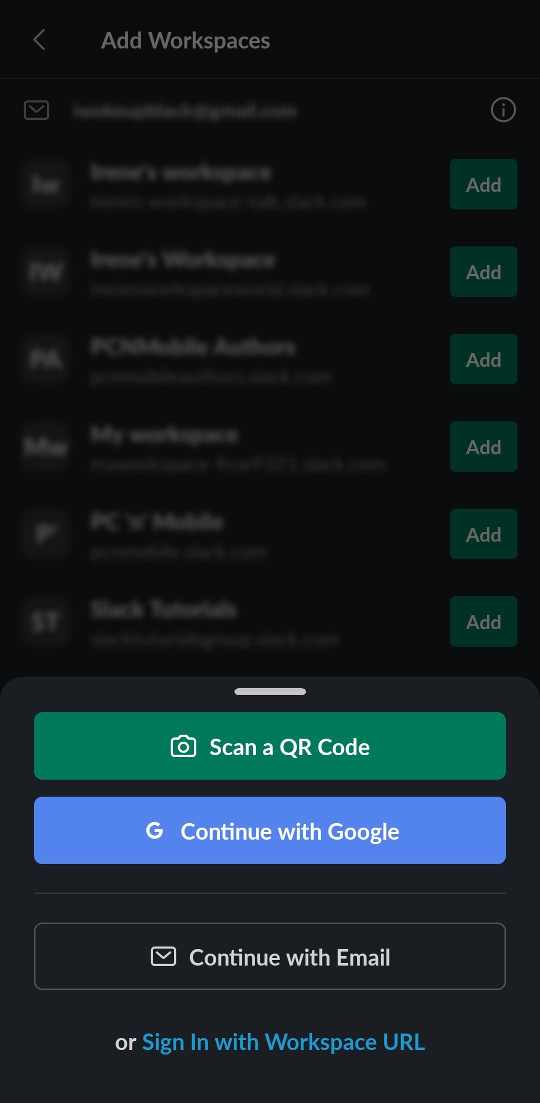 Sign-in options on the Slack mobile app