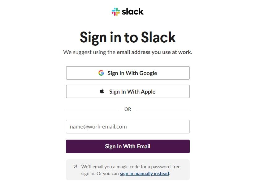 Sign in to Slack web page