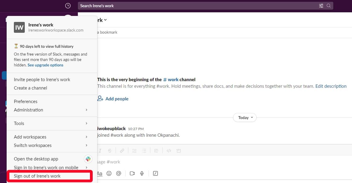 Sign out of a Slack workspace